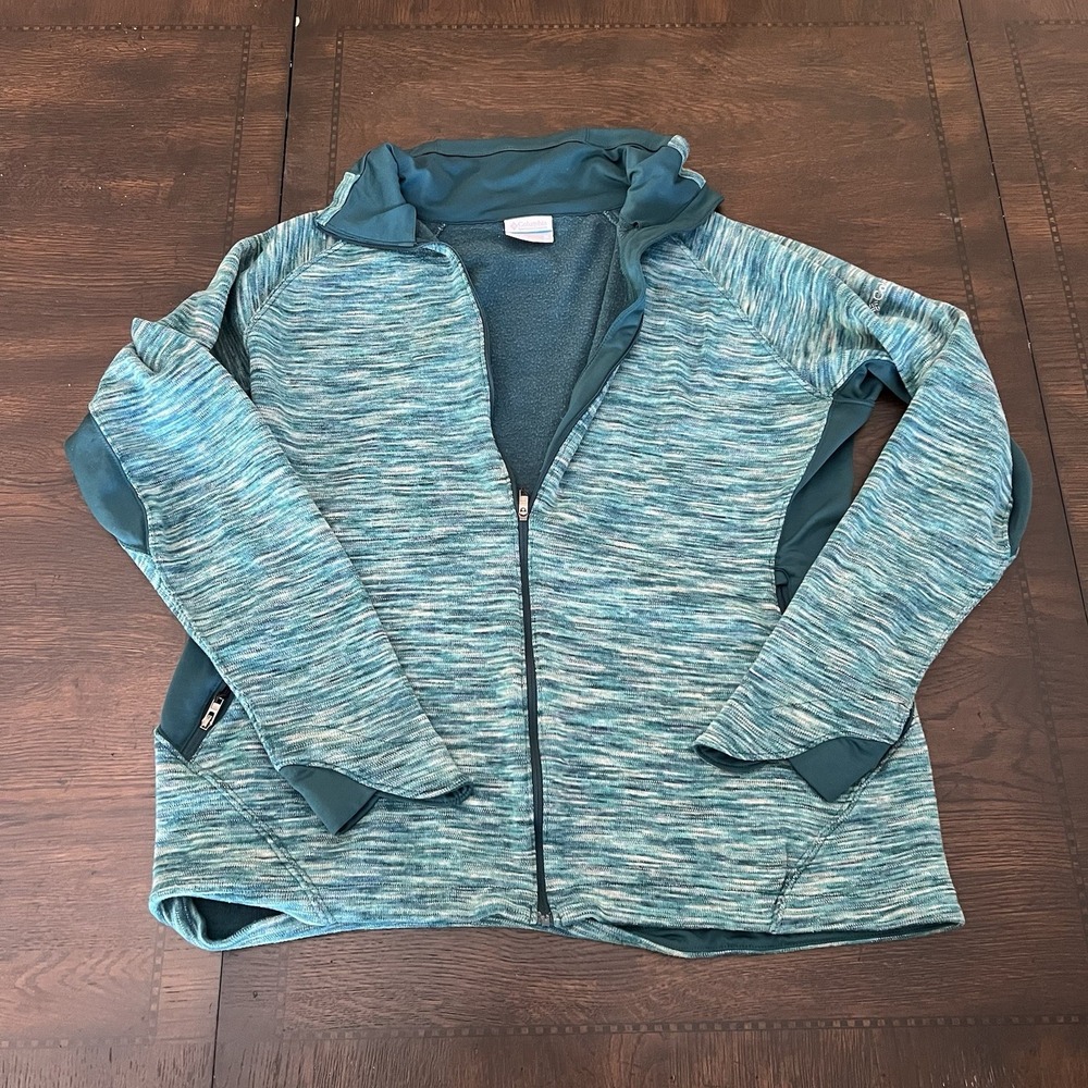 Columbia Women's XL Full Zip Athletic Jacket Pockets Knit Blue Green Striped